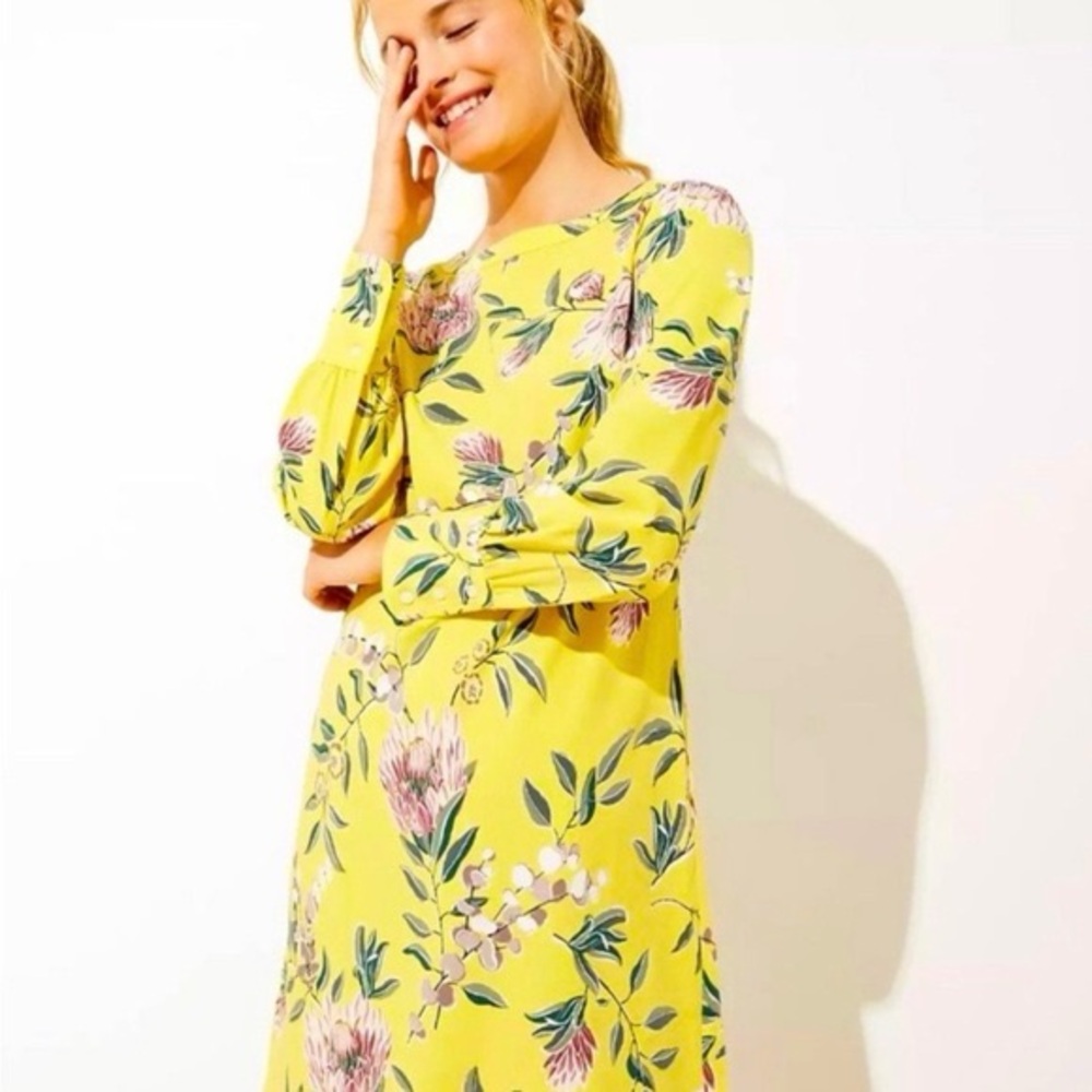 LOFT Yellow and Green Floral Long Sleeve Boatneck Dress Women’s Size 8